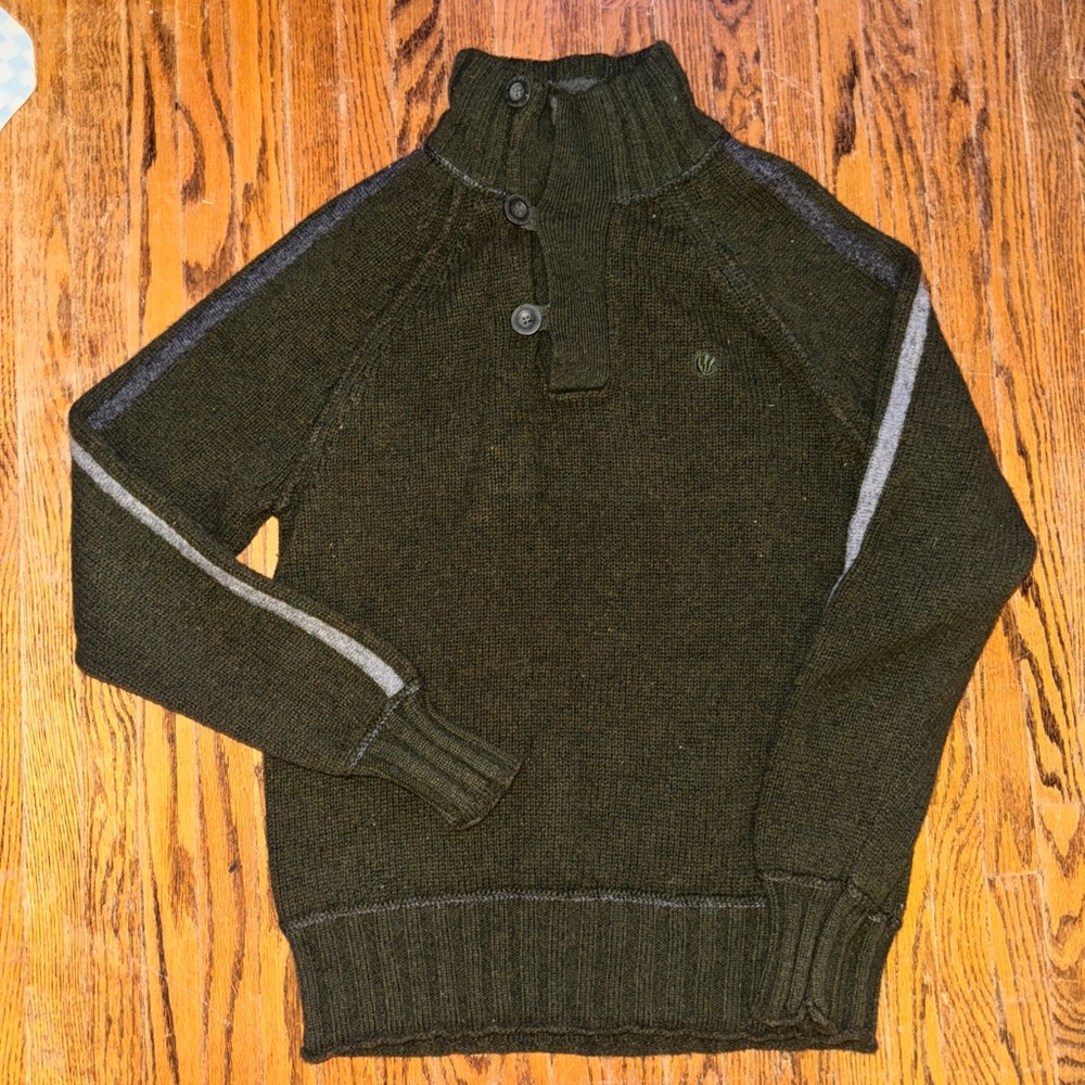Fat Face Men's Olive Green 100% wool Sweater with Gray Accents - Size L